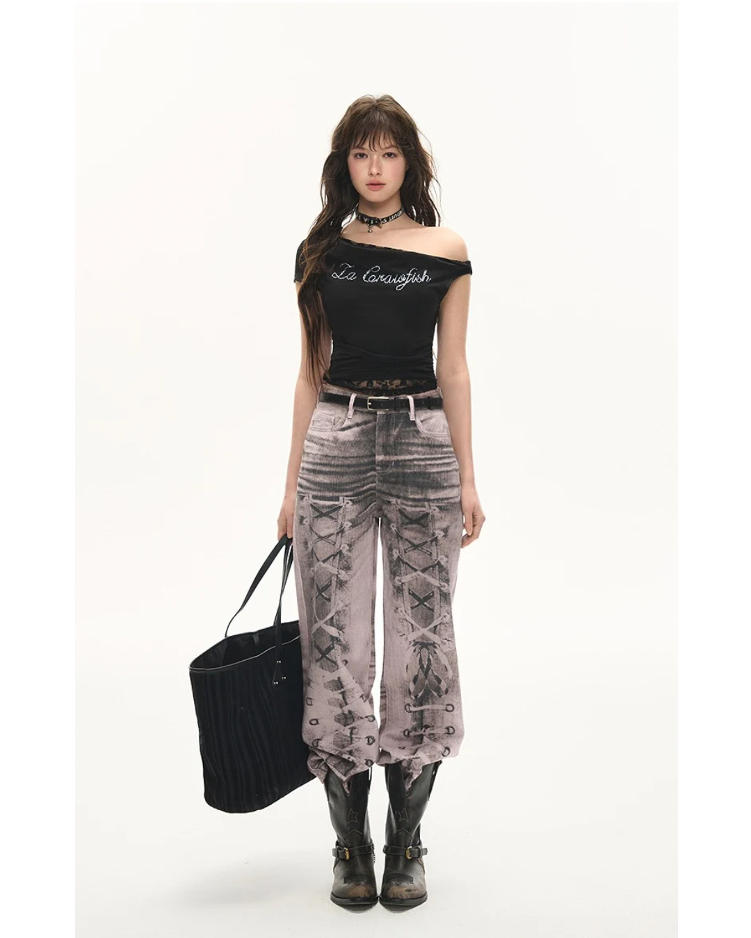 Lace-Up Printed Wide Jeans