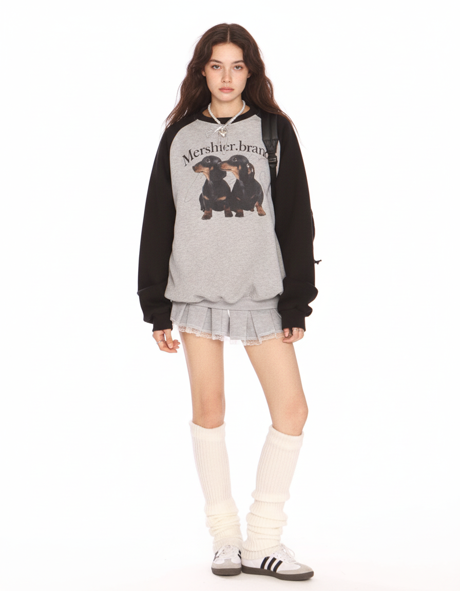 Loose Fit Puppy Print Crewneck