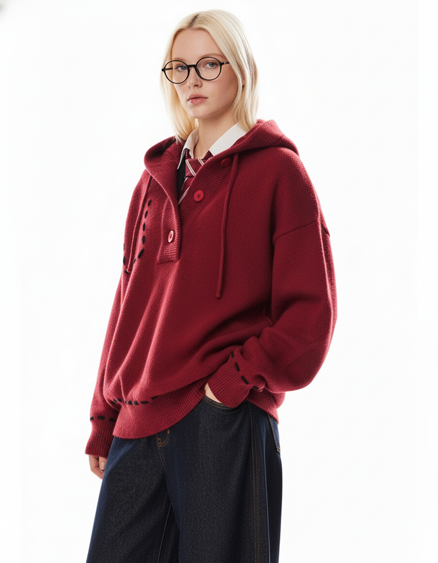 Stitch Detail Knit Hoodie