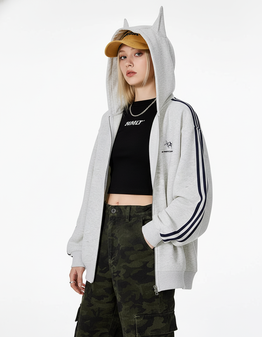 Cat Ear Line Track Zip Hoodie