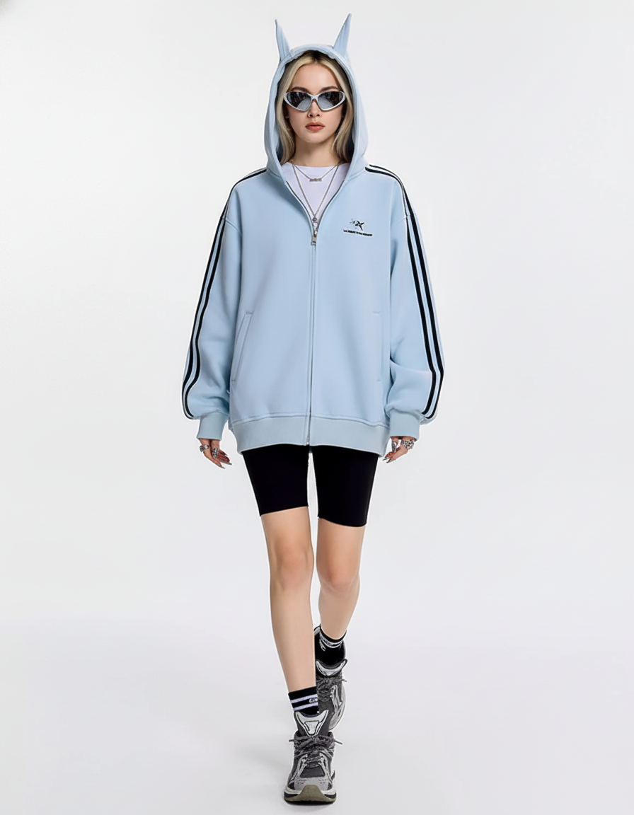 Cat Ear Line Track Zip Hoodie