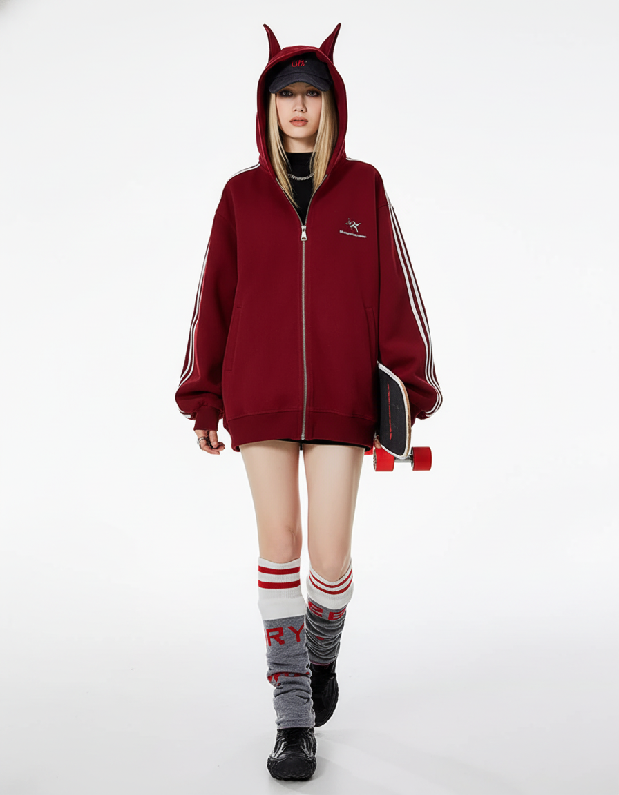 Cat Ear Line Track Zip Hoodie