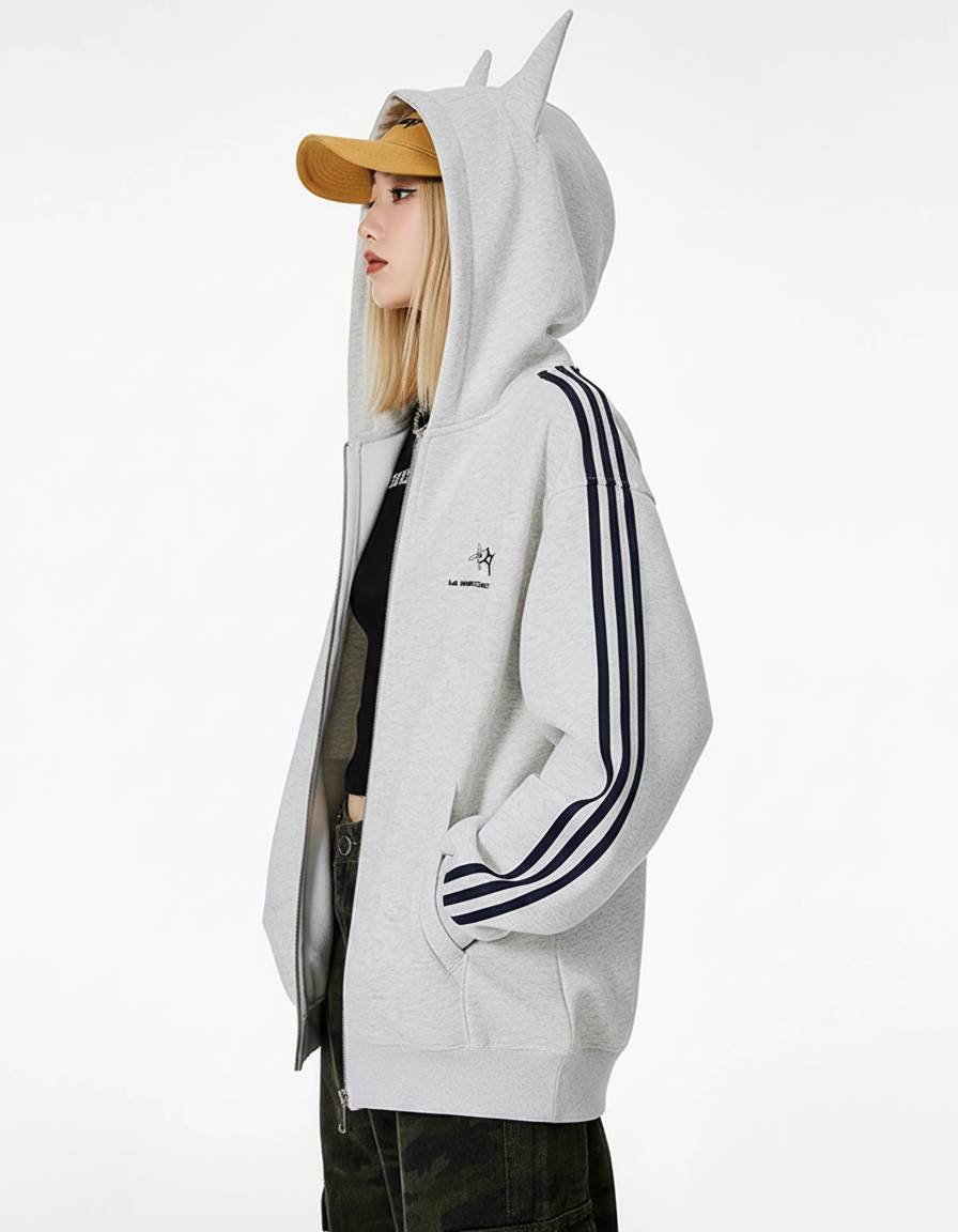 Cat Ear Line Track Zip Hoodie