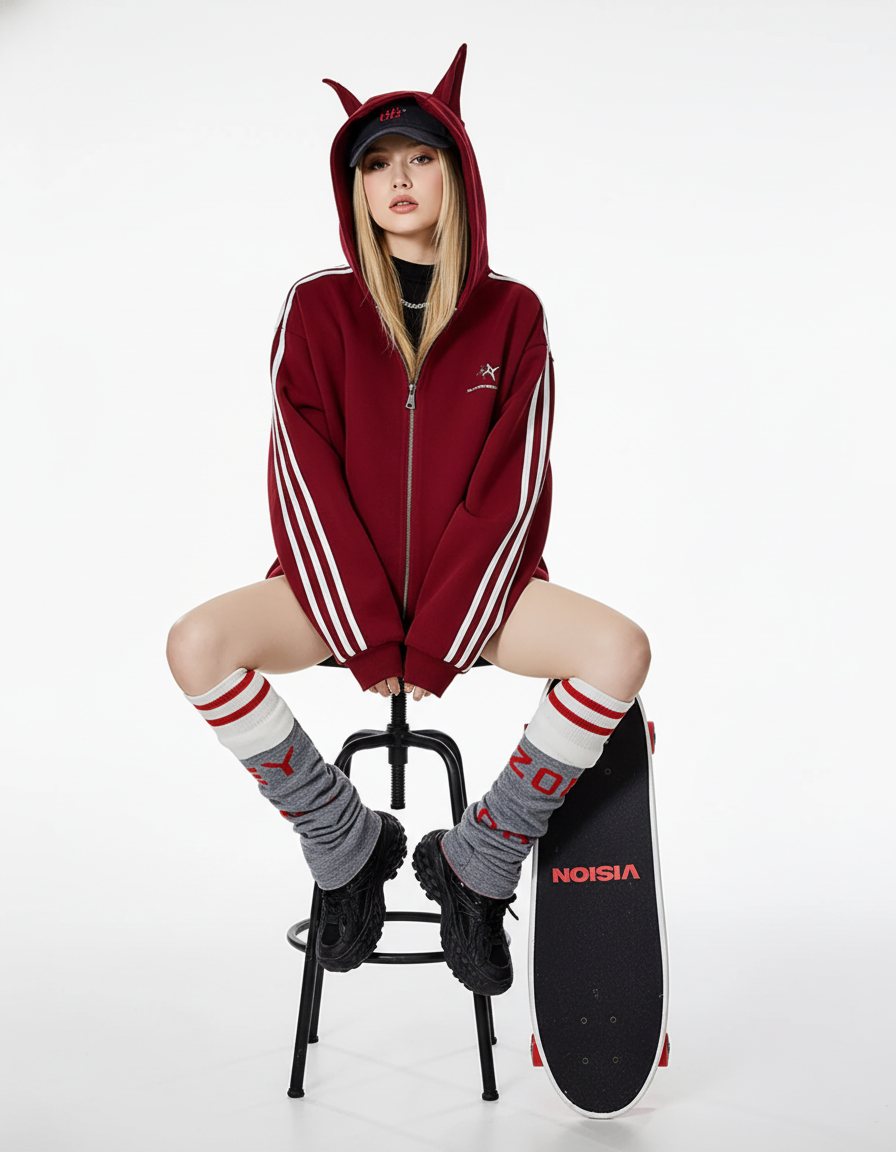 Cat Ear Line Track Zip Hoodie