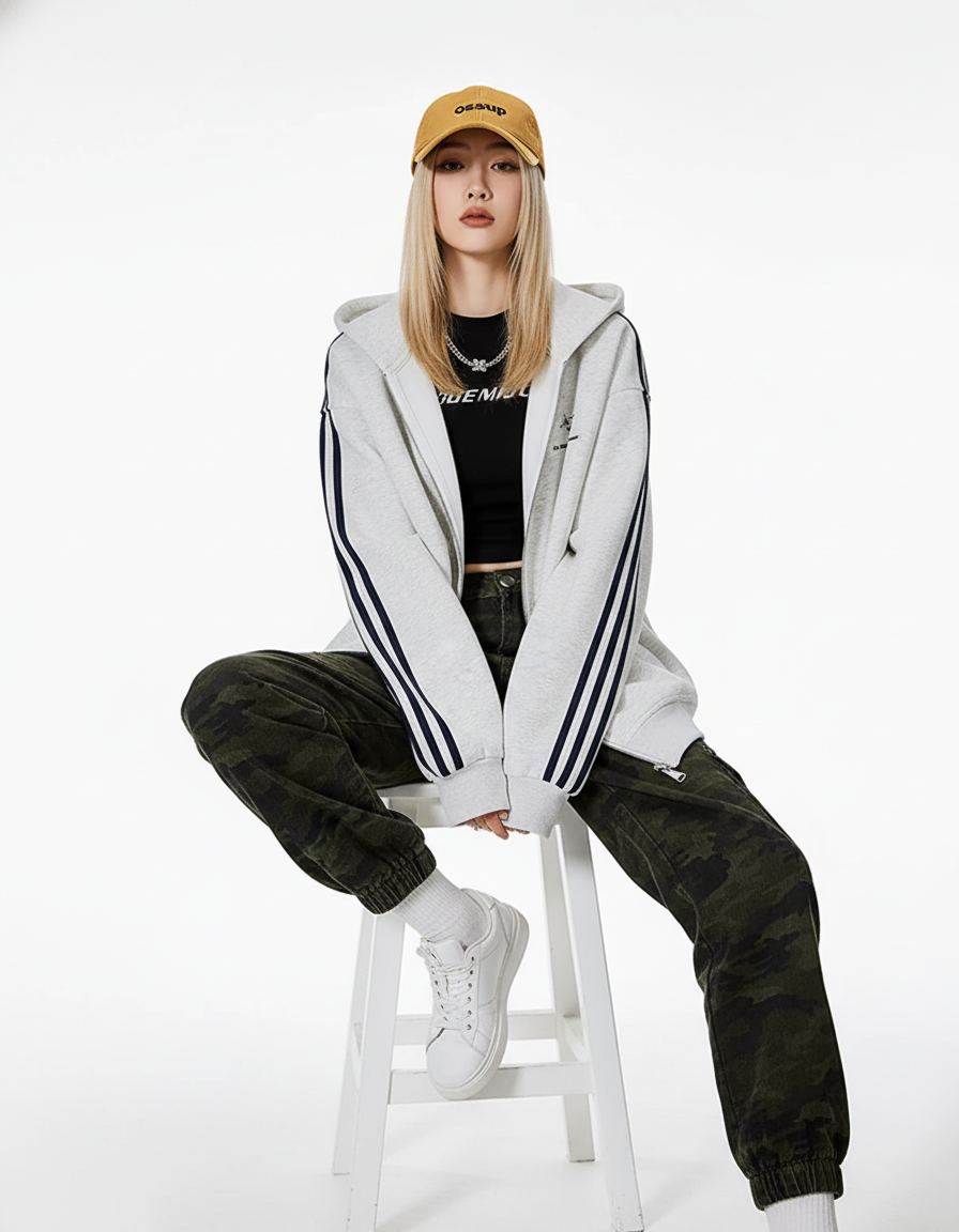 Cat Ear Line Track Zip Hoodie