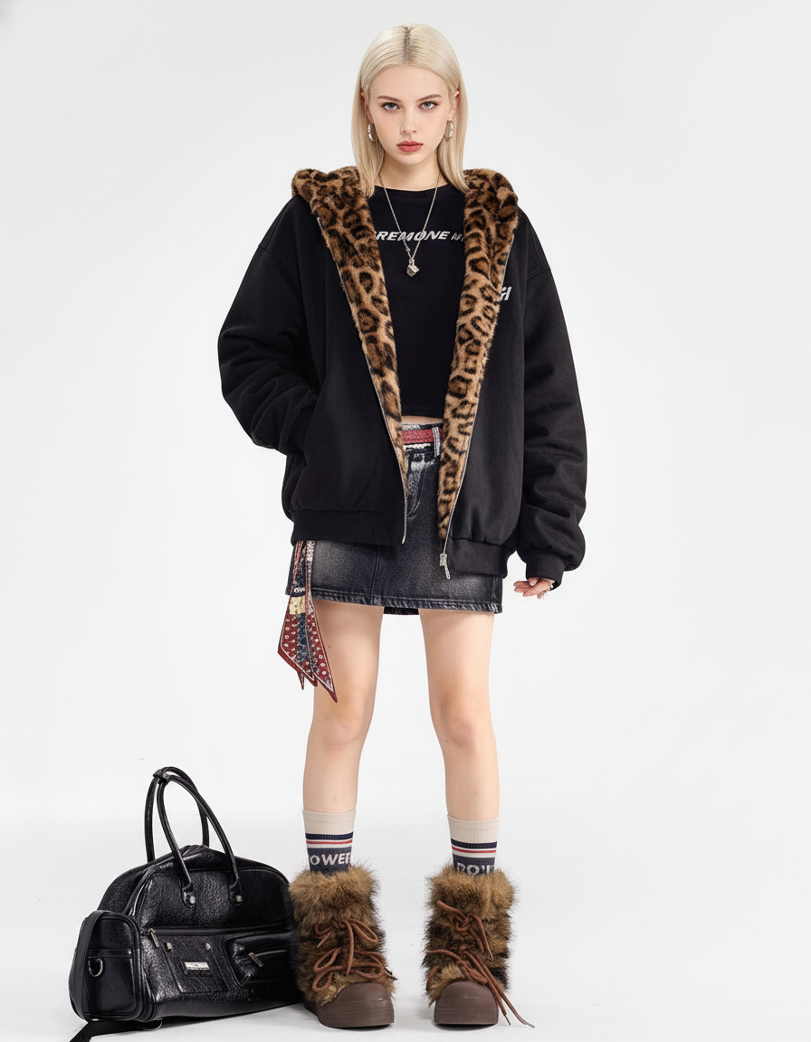 Leopard Lined Teddy Hoodie
