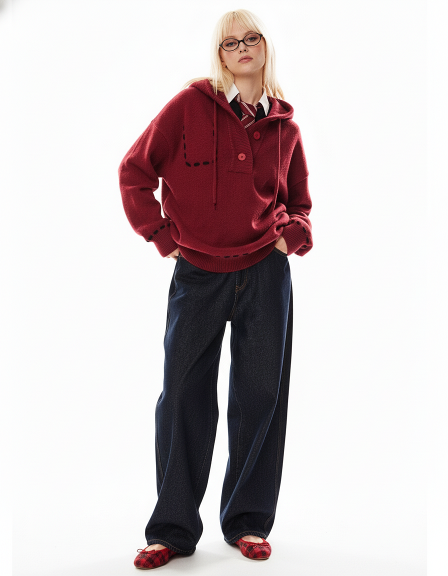 Stitch Detail Knit Hoodie