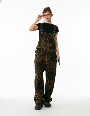 powder パウダー　オーバーオール　サロペット　ツナギ　総柄　アニマル　黒 Leopard Print Overalls