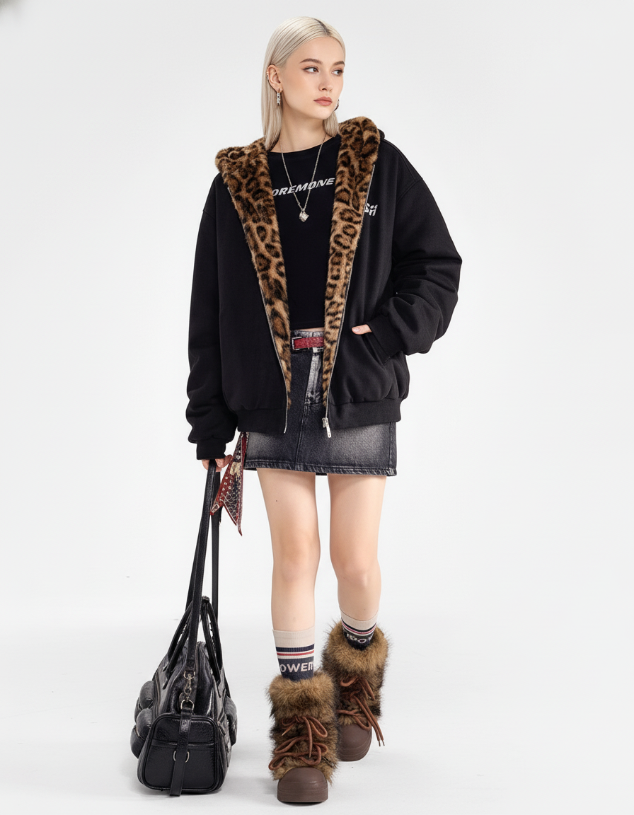 Leopard Lined Teddy Hoodie