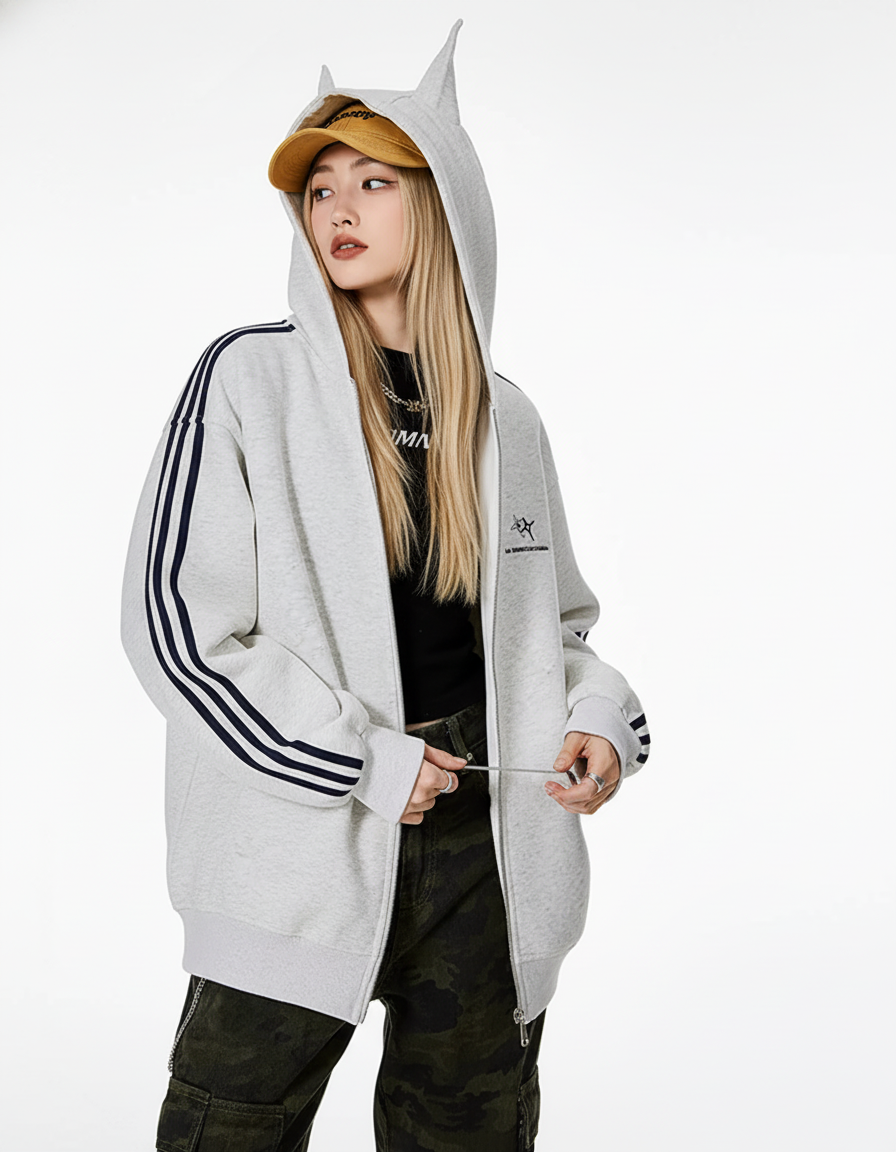 Cat Ear Line Track Zip Hoodie